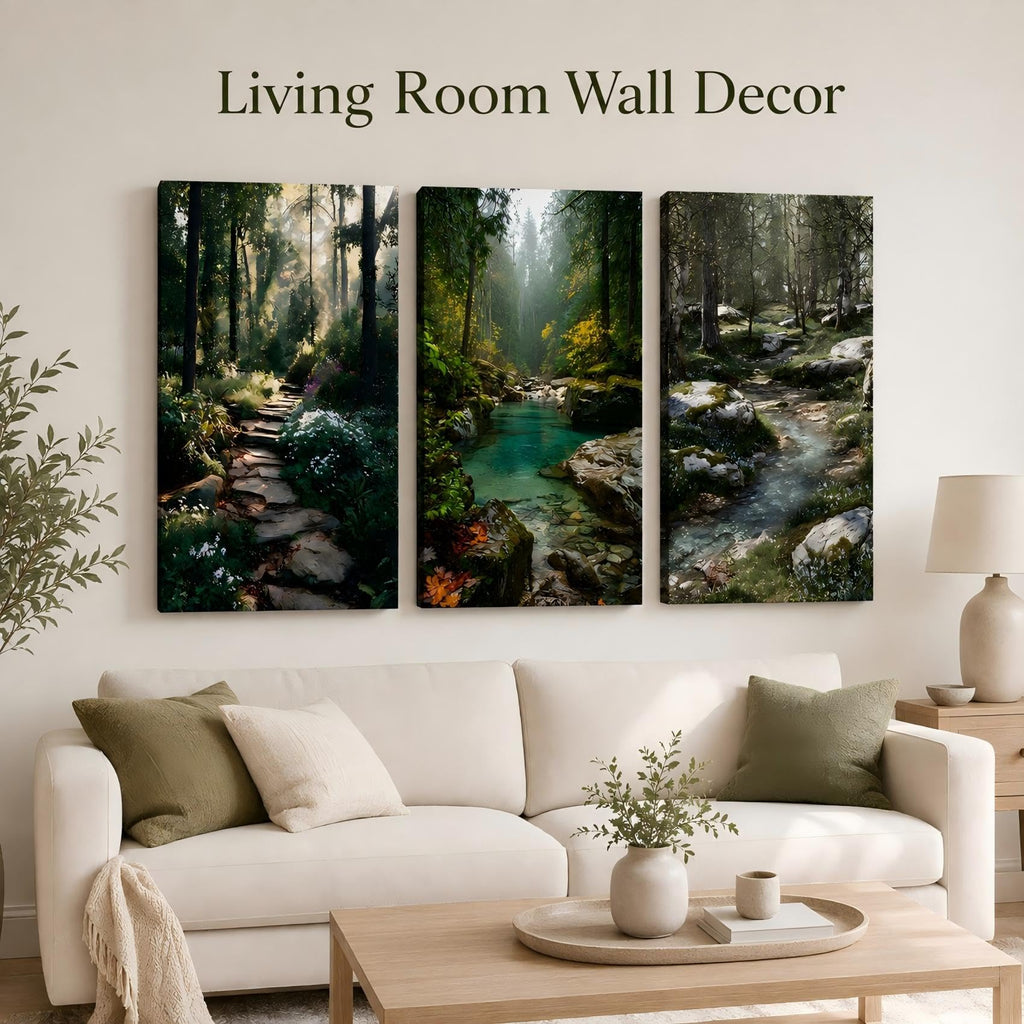 Natural Landscape Framed 3‐Panel Canvas Wall Art, Serene Woodland Path With Turquoise Creek And Wild Plants Canvas