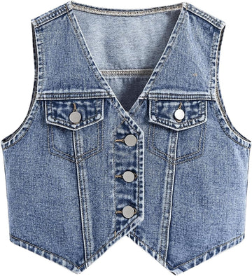 Girl's Button Down Denim Vest V Neck Sleeveless Asymmetrical Jean Jacket