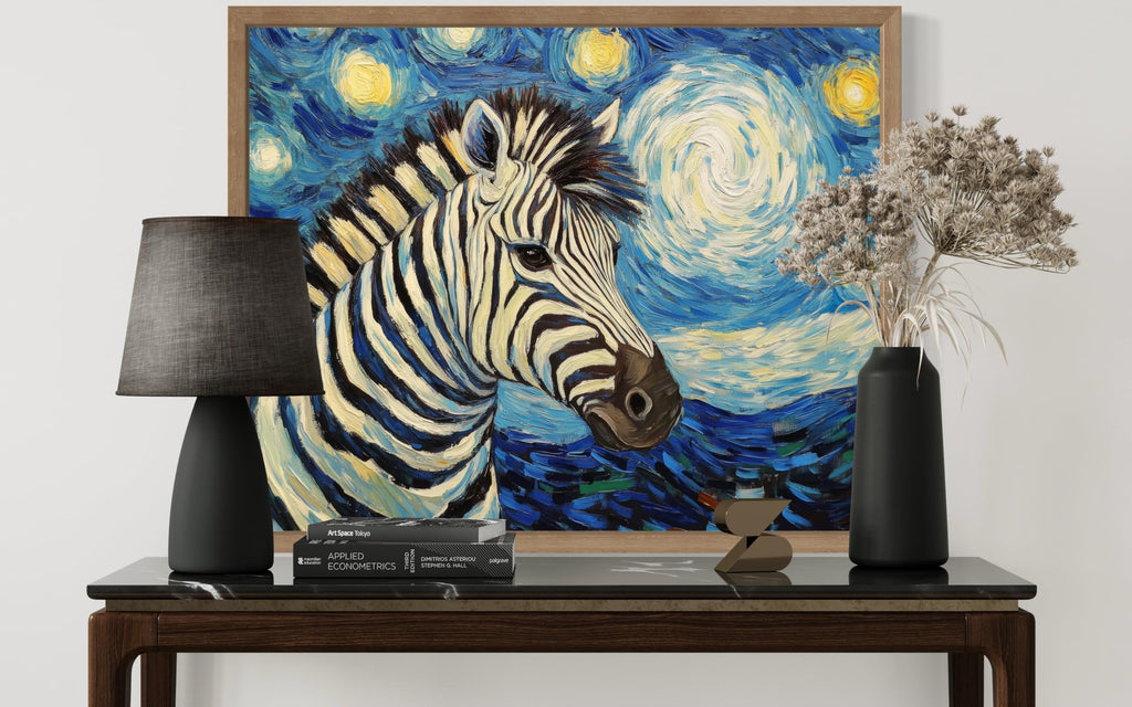 Zebra Wood Framed Art Print Poster, Animal Van Gogh Starry Night Nature Theme Wall art Painting Decor, Art Home