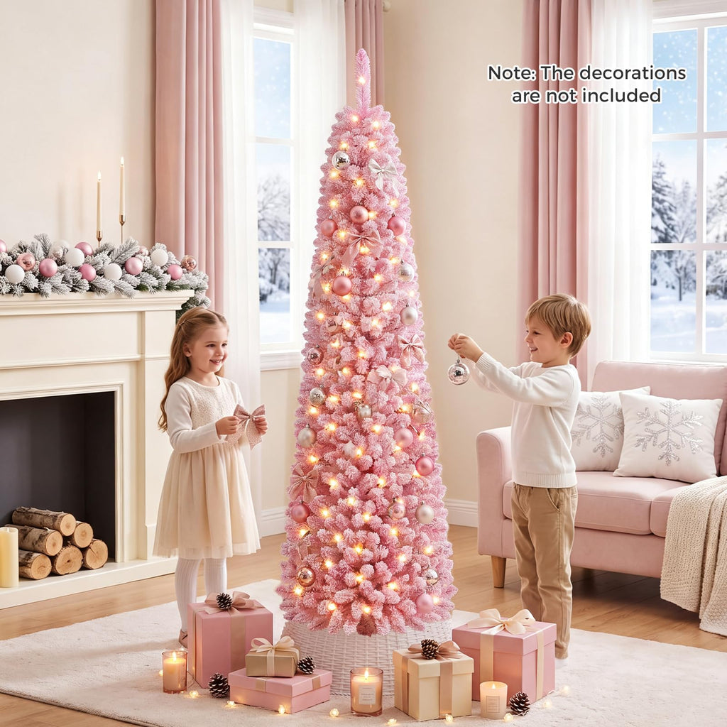 6 FT Pre-Lit Artificial Christmas Tree, Pink Slim Pencil Tree