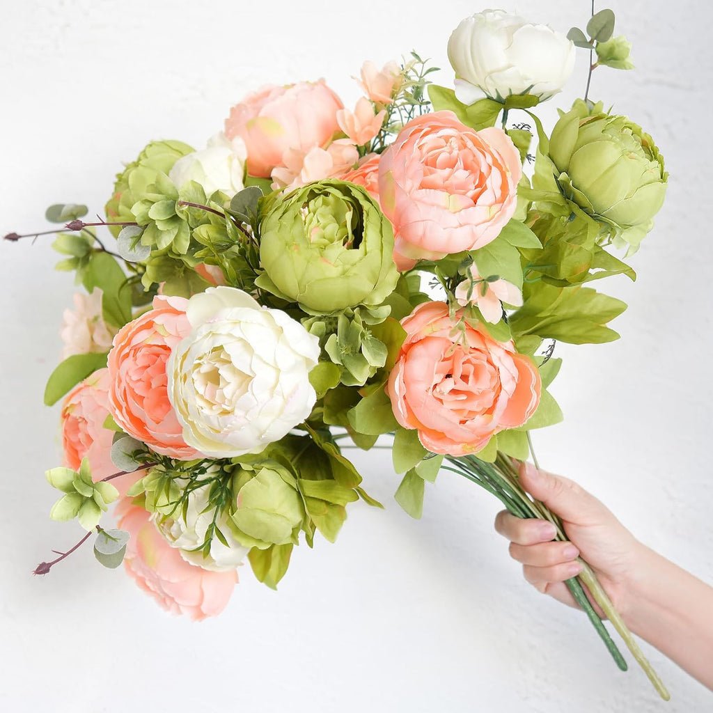 Artificial Peony Bouquet - Faux Silk Flowers Stems - Ready-to-Style Bouquets for Weddings, Home Decor - Set of 2