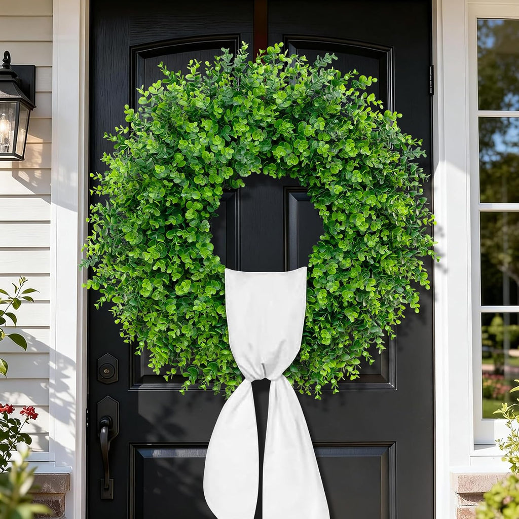 28'' Large Boxwood Wreaths Front Door Artificial Green Spring Wreath with Sash Wreaths for Front Door Farmhouse