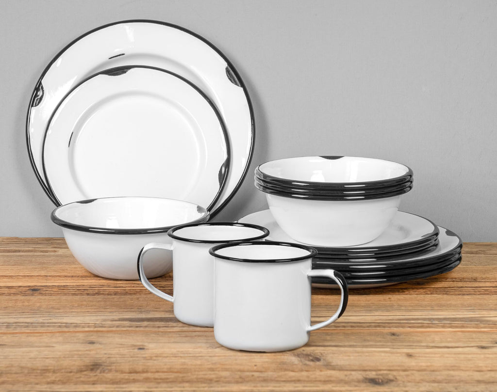 16-Piece Enamelware Metal Dinnerware Set for 4, Distressed White/Black Rim