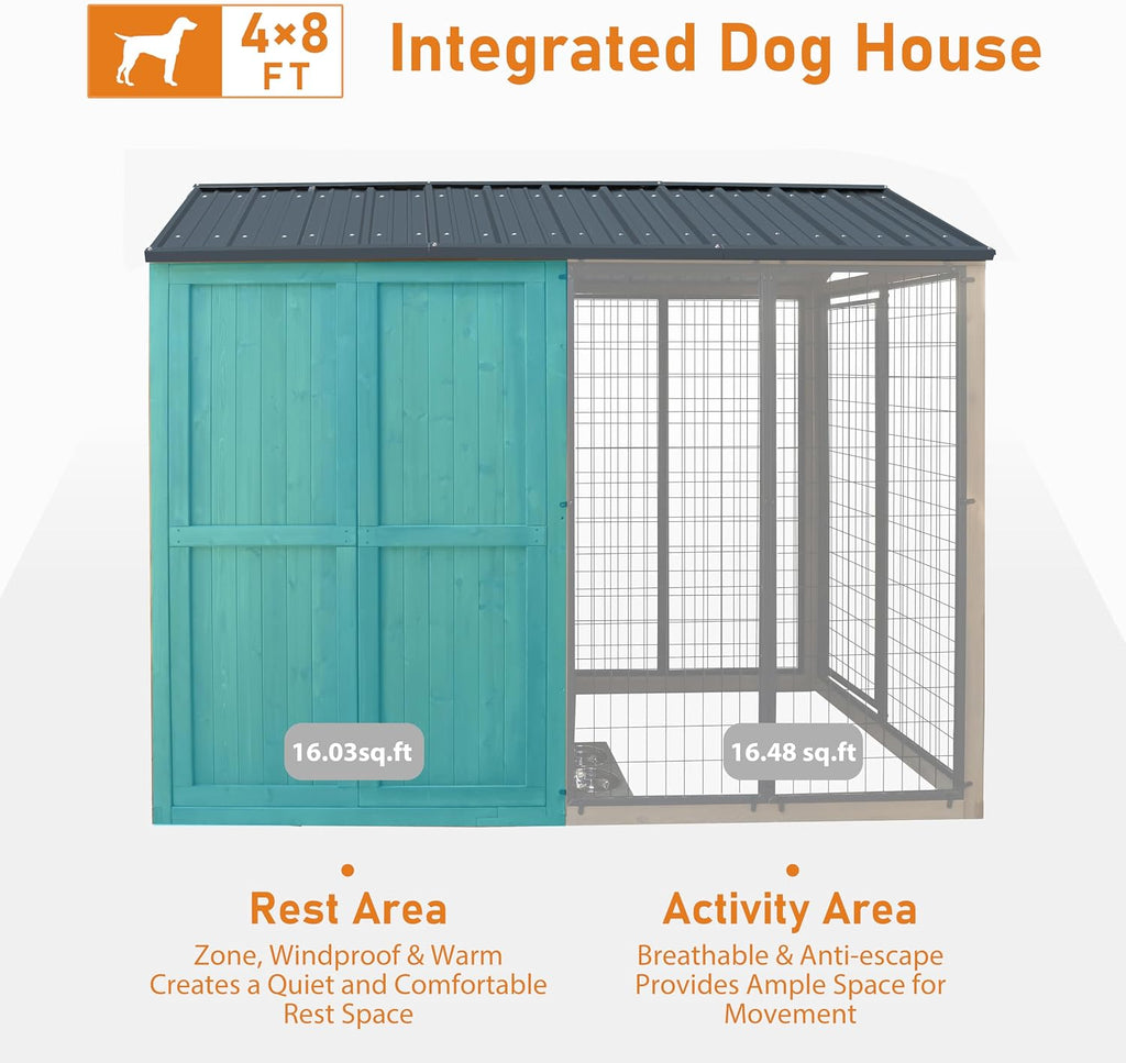 4×8 FT Outdoor Dog House, Cedar Wood Large Dog Kennel, Steel Roof