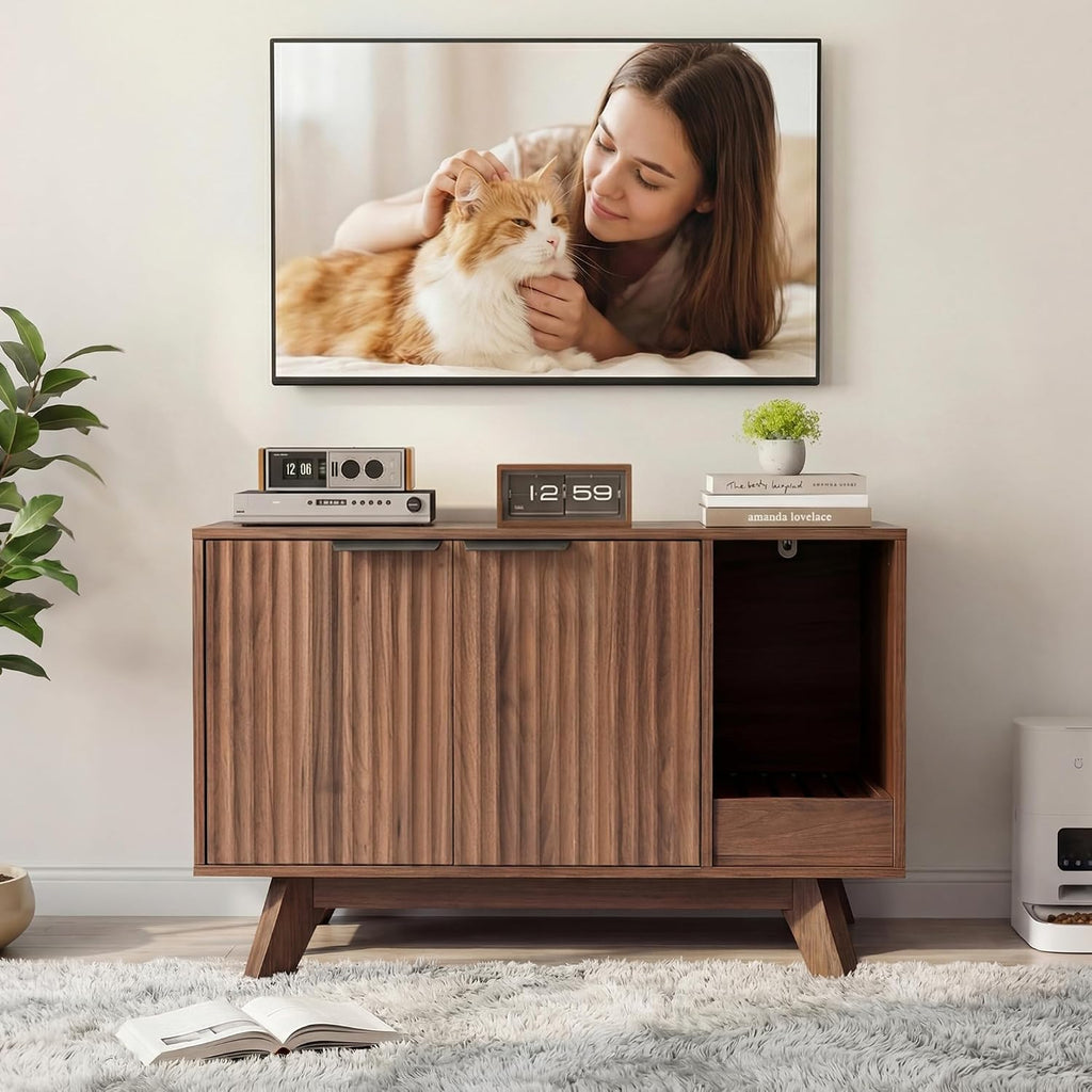 Cat Litter Box Enclosure with Litter Collector, Fluted Hidden Litter Box Furniture with Scratch Pad, 31" Wooden Cat