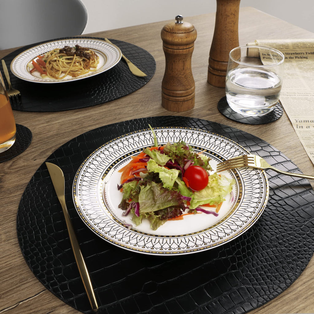 Round Leather Placemats for Round Tables Set of 4, Black Place Mats and Coasters, Washable Easy to Care for Indoor