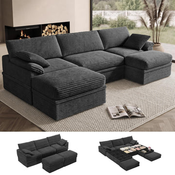 107" Boneless Couch with Storage, 48.6" Extra Deep-High Seat Modular Sectional Sofa with Ottoman, 3 Seater U Shaped