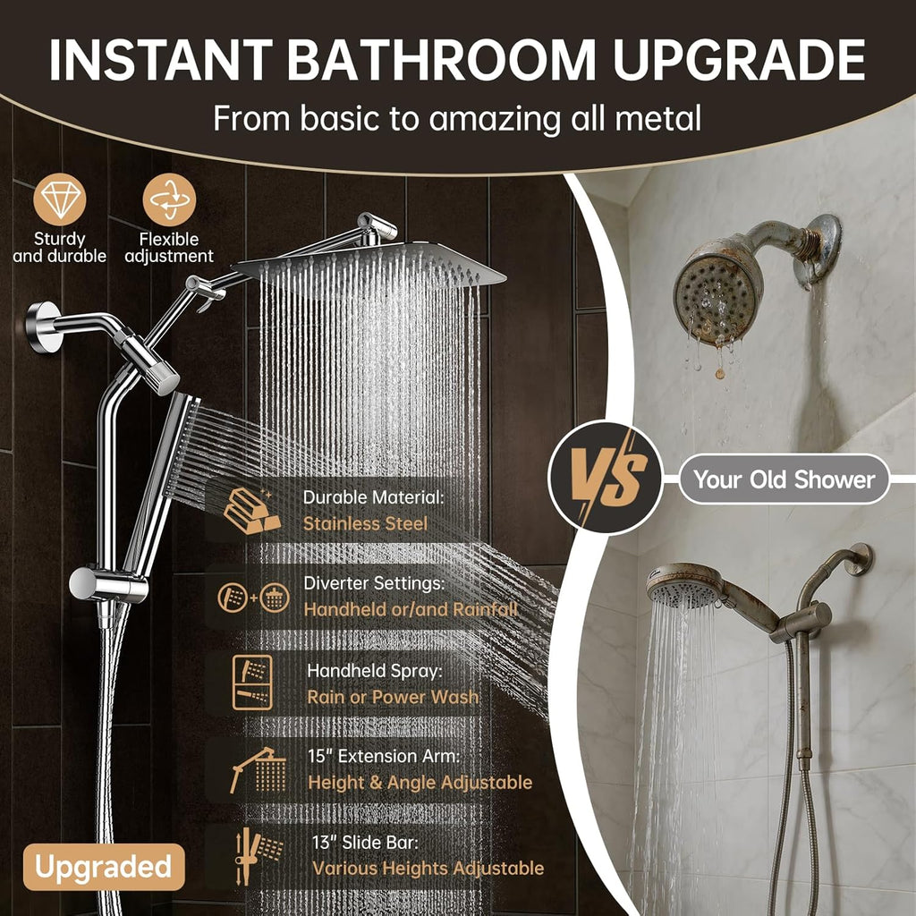 All Metal 10" Shower Head with Handheld, Luxurious Square Double Rain Shower Heads,Power Wash Wand,Dual High Pressure