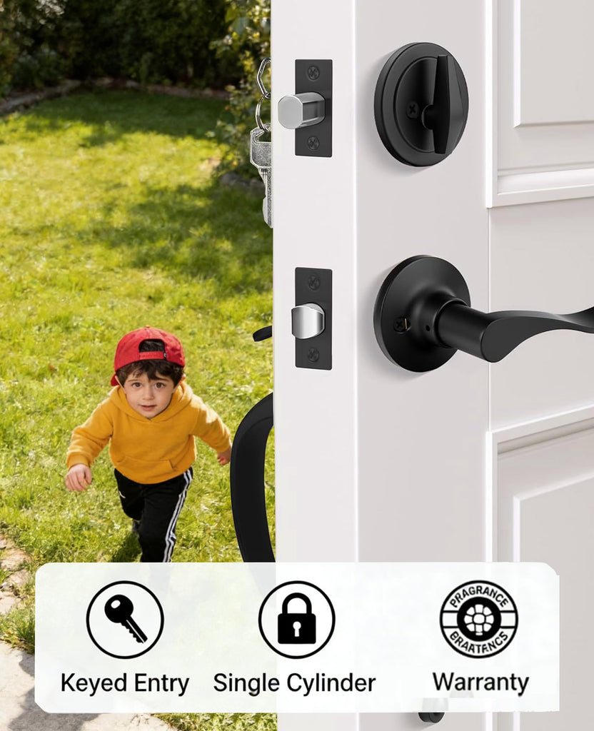 Matte Black Front Door Handle and Deadbolt Set, Front Door Lock Set