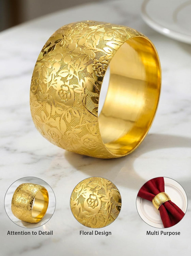 Gold Napkin Rings,Gold Metal Napkin Holder for Table,Embossed Floral Pattern,Metal Serviette Rings - Set of 12