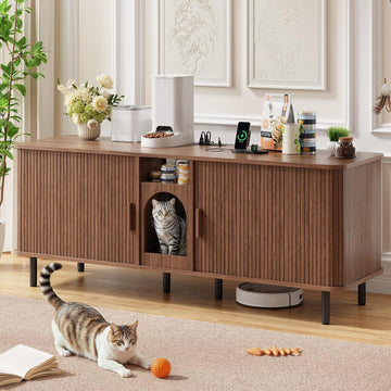65 Inches Cat Litter Box Enclosure for 2 Cats, Walnut