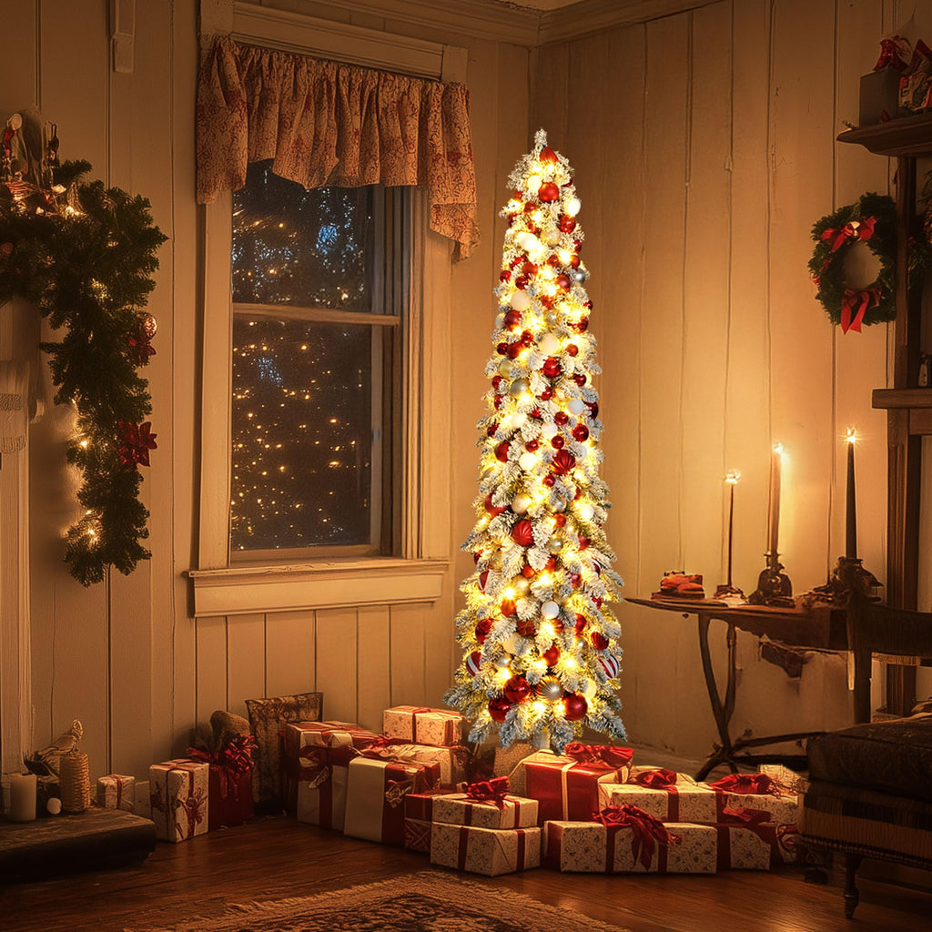 6ft Snow Flocked Pencil Christmas Tree with Remote, Colored LED Lights, Pre-Lit Slim Artificial Skinny Xmas Tree for