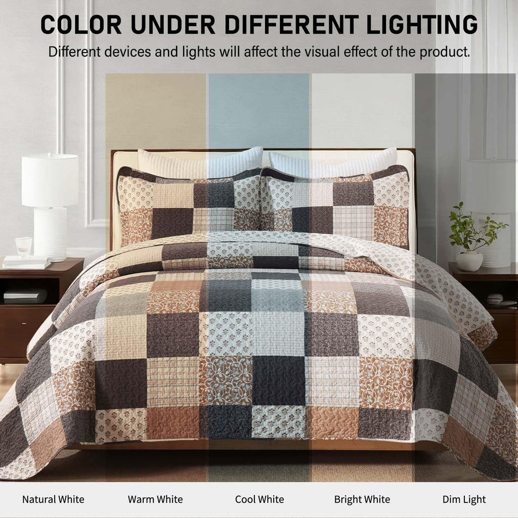 100% Cotton Quilt Set, Cottage Printed Check, Brown Charcoal