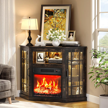 Corner Fireplace TV Stand with Storage for TV up to 55", Black