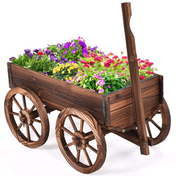 Wooden Wagon, Wood Flower Planter Pot Stand with 4 Wheels & Drainage Holes, Amish Wagon Planter, Rolling Pot Stand