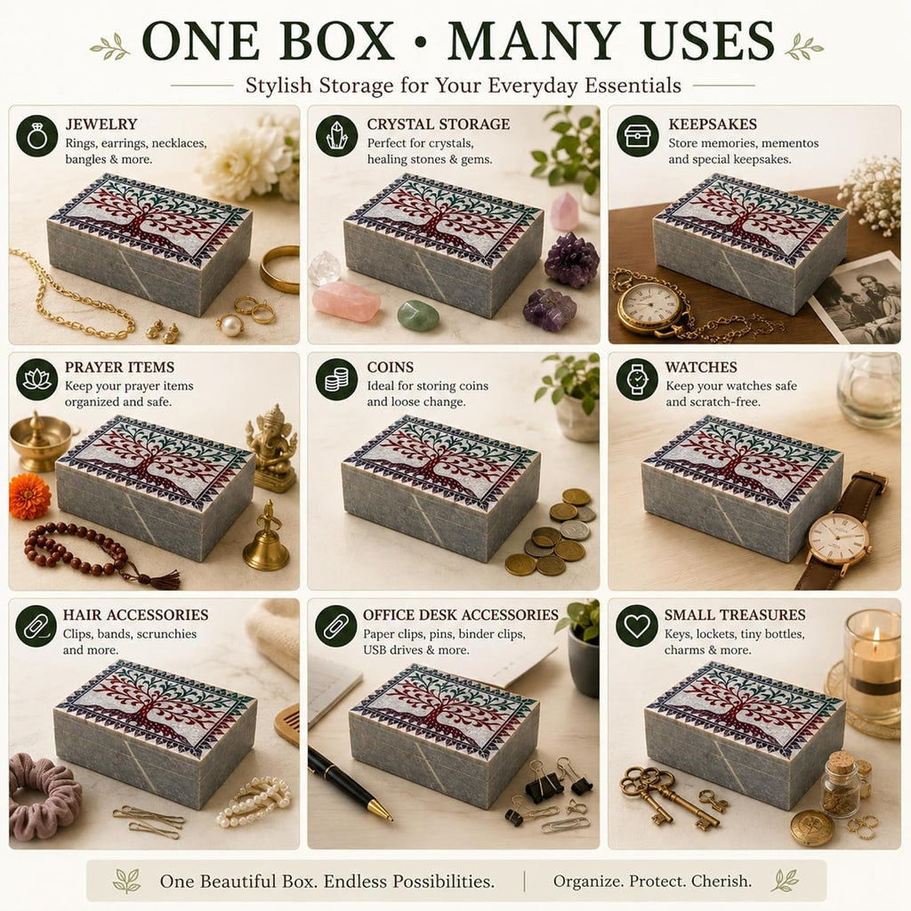 Hand Carved Marble Soapstone Square Jewellery Box, 6x4x1.75