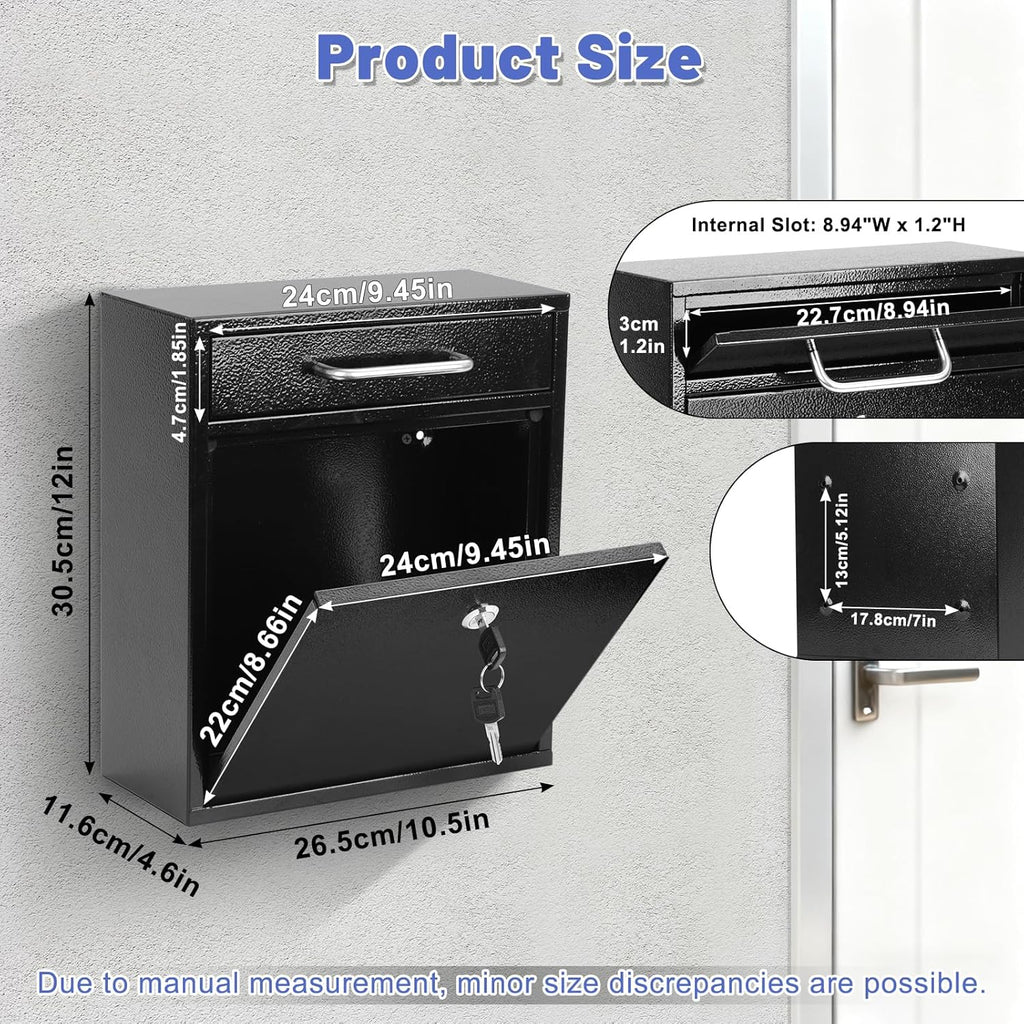 Steel Key Lock Mail Boxes Mailbox, Security Key Drop Box or Commercial, 12H x 10.5L x 4.6W Inches, Black Large