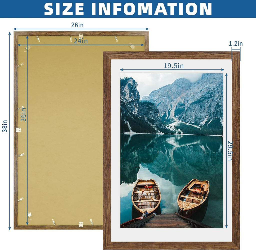 24x36 Poster Frame Set of 2, Rustic Brown Wood Style - Display 20x30 Picture with Mat or 24 x 36 Poster without Mat