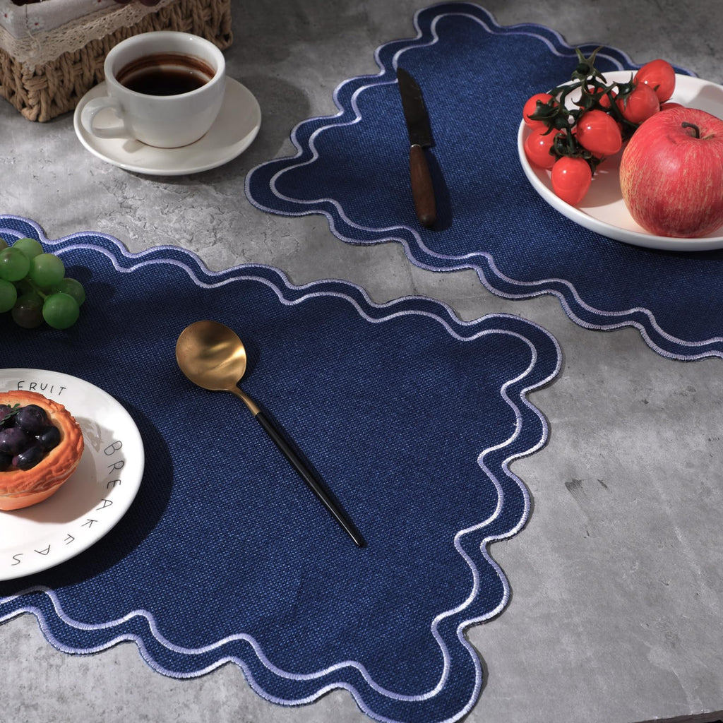 Navy Blue with White Scalloped Placemats Set of 6, Rectangle