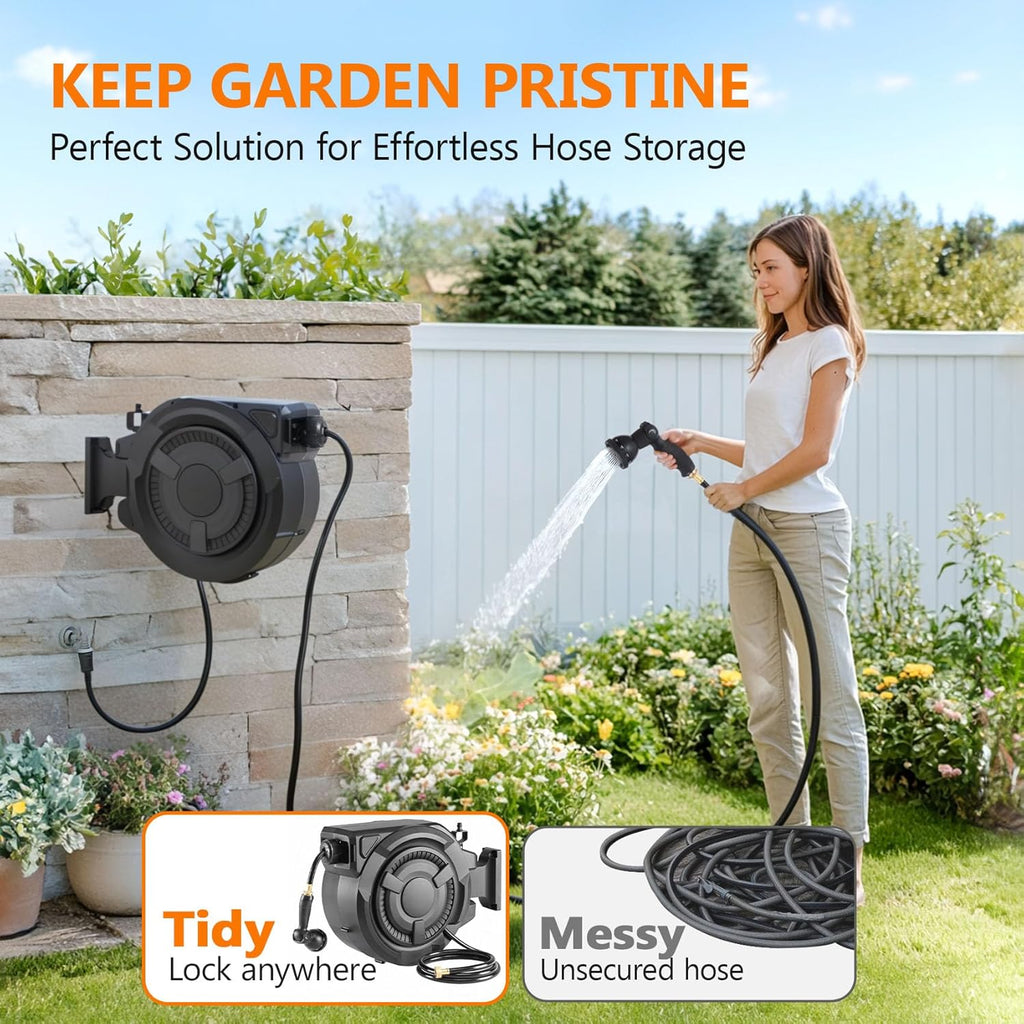 Retractable Garden Hose Reel 1/2 in x 100 ft, Heavy Duty Wall Mounted Hose Reel with 10- Function Sprayer Nozzle
