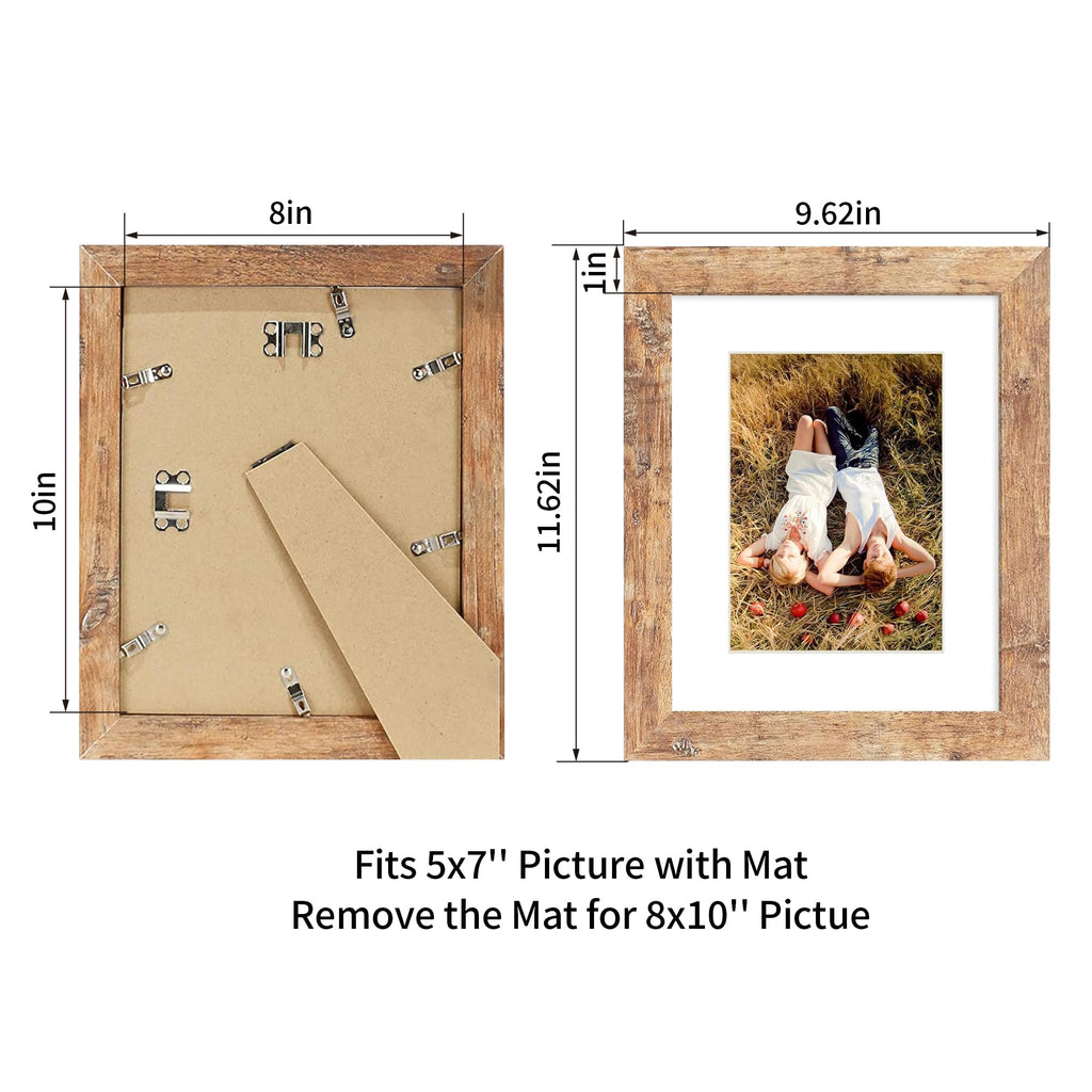 8x10 Picture Frame Set of 2, High Definition Real Glass Rustic Brown Wood Frame, Display Pictures 5x7 with Mat or 8 x