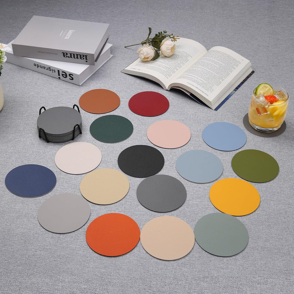 Faux Leather Drink Coasters with Holder, Dual Sided Sets of 12