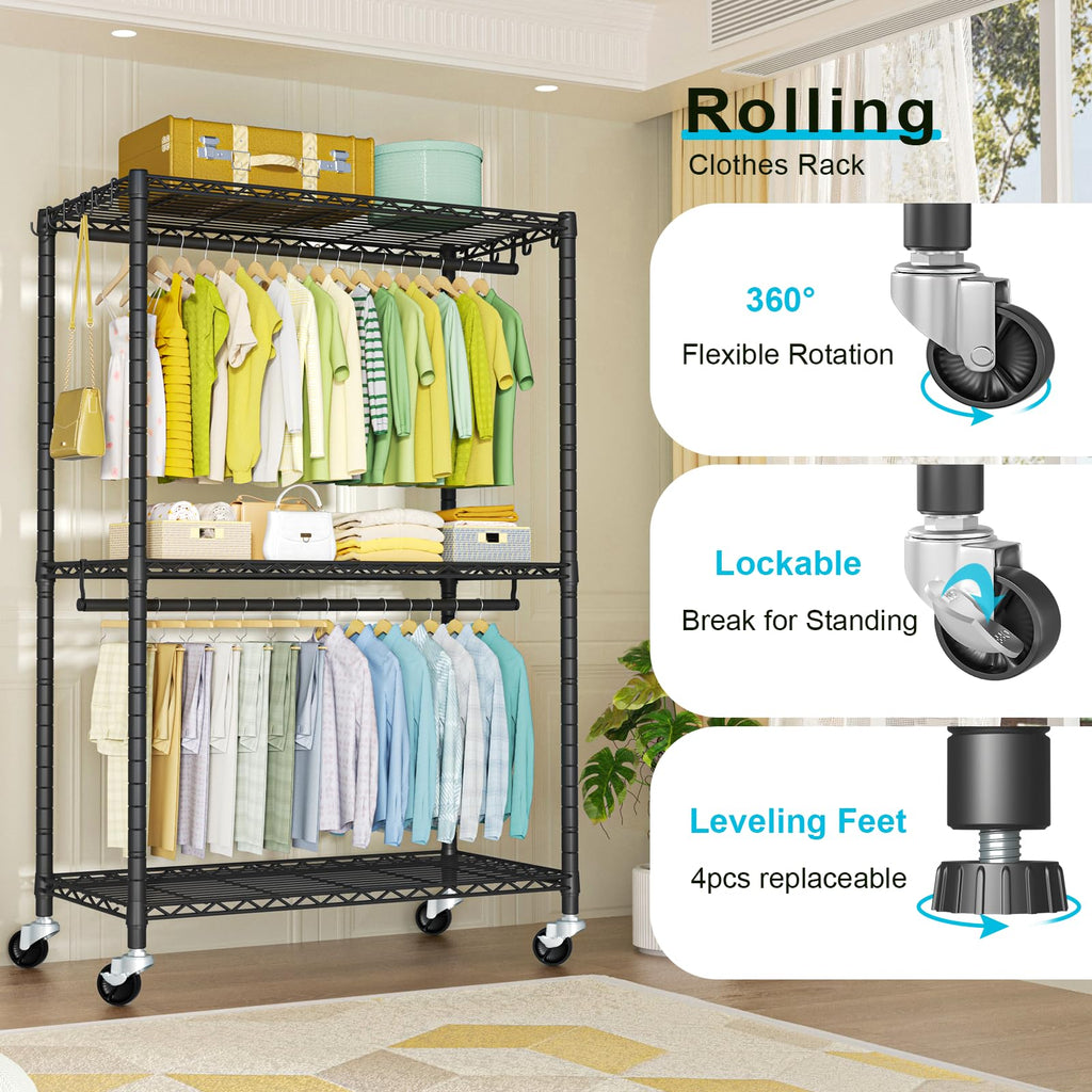Rolling Clothes Rack, Clothing Racks for Hanging Clothes, Black