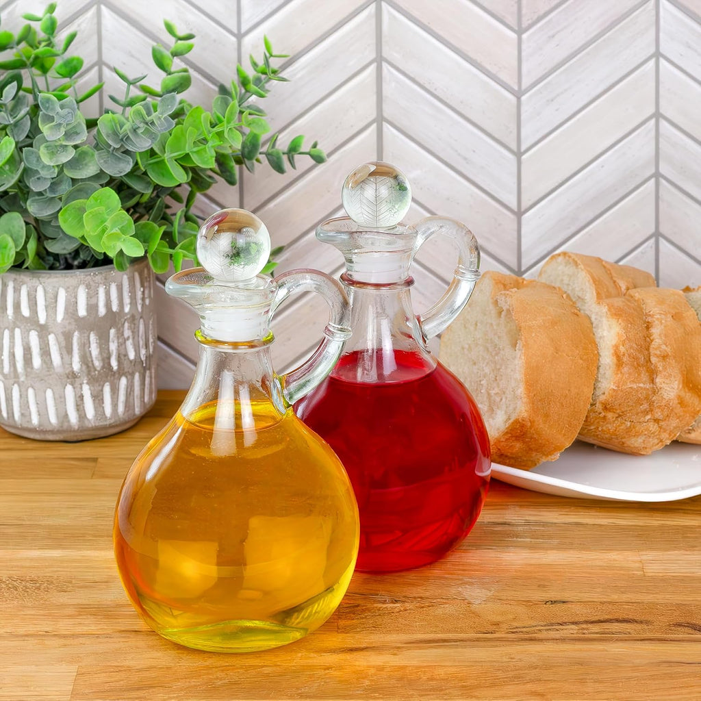 Glass Oil and Vinegar Cruets (); 8oz Round Oil Dispensers/Salad Dressing Bottles with Stoppers - Set of 2