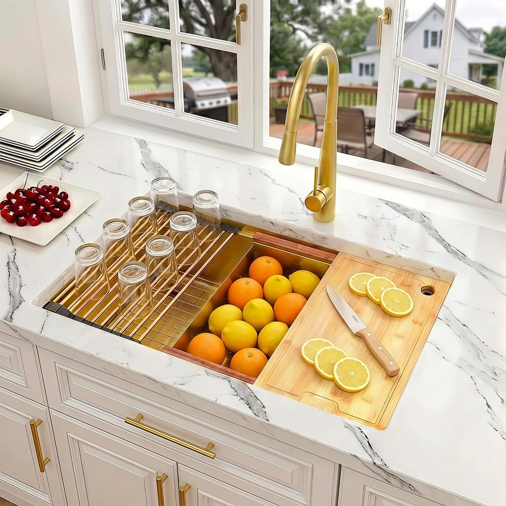 32 Inch Gold Undermount Kitchen Sink,16 Gauge 304 Stainless Steel Kitchen Sink Single Bowl, 32"x19"x10" Undermount