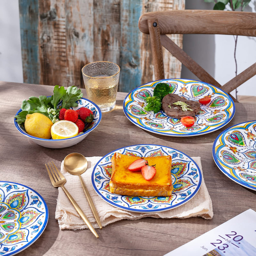 Melamine Dinnerware Set, 12 Pcs Dinner Plates Bowls Sets for Indoor and Outdoor Use, Durable Unbreakable Dishes Sets