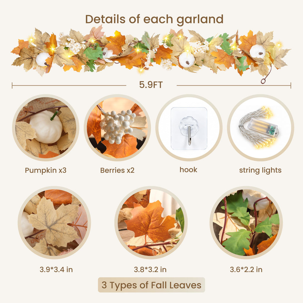 8 Pack Fall Leaf Garland with Lights, Total 47.2Ft Artificial Fall Maple Leaves Autumn Vines Garland with LED Lights