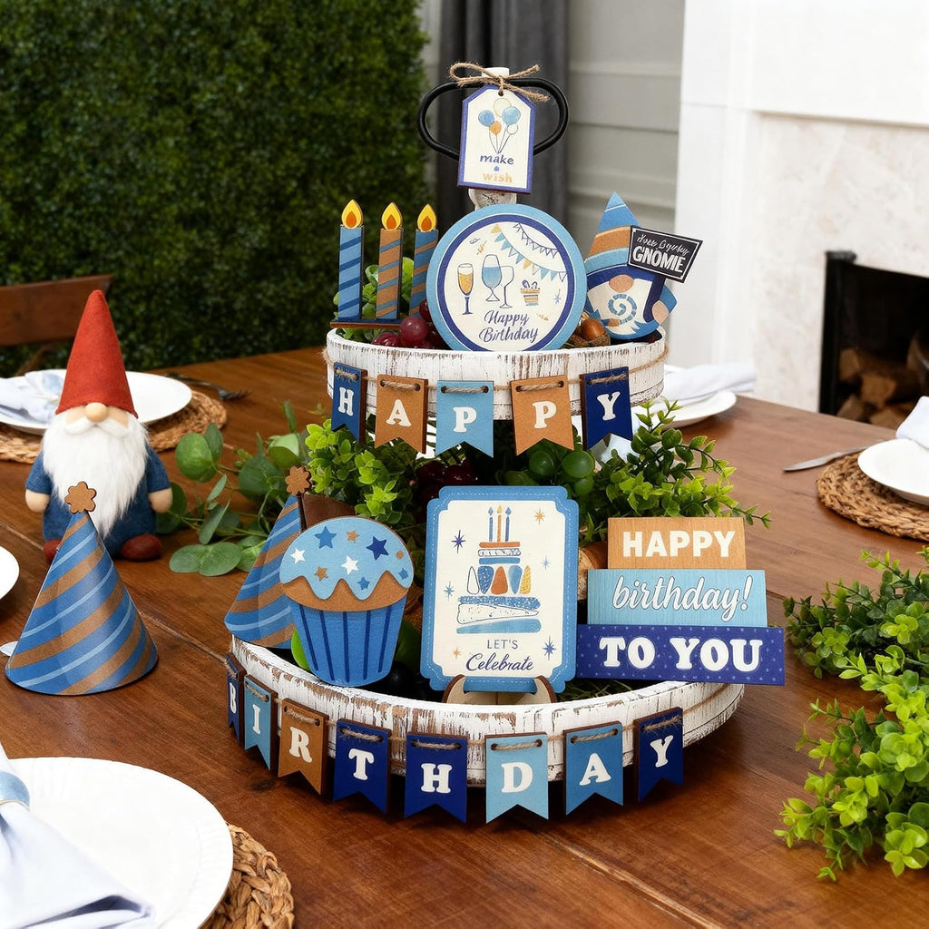 Wooden Tiered Tray Decor Set, Farmhouse Birthday Decor with Happy Birthday Sign, Rustic 2 Tier Tray Stand - Set of 24