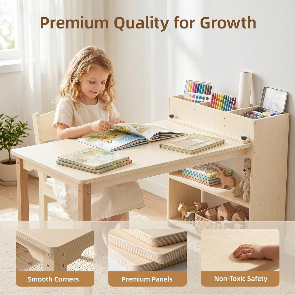 Kids Table and Chair Set, Wooden Toddler Activity Table with Storage Cabinet, Birch Art Desk for Drawing, Crafts