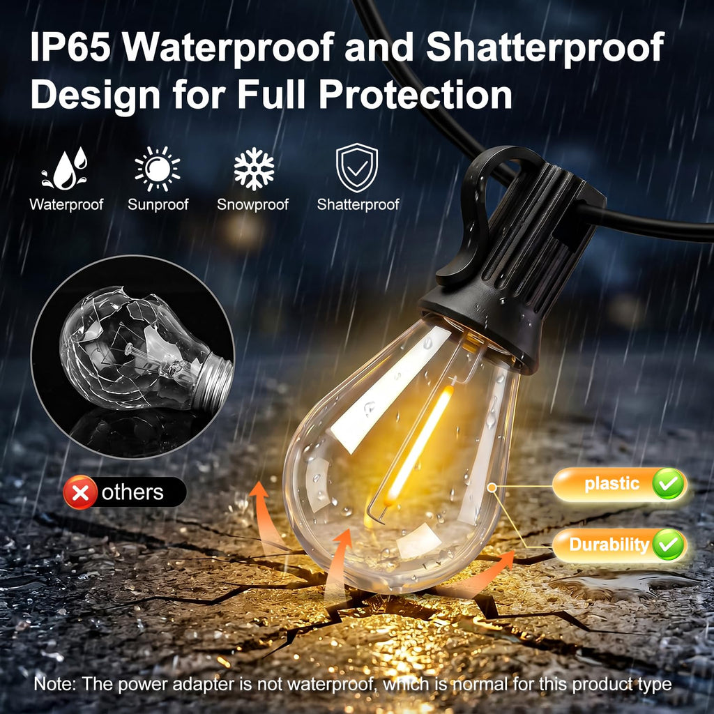 Solar String Lights Outdoor, IP65 Waterproof Shatterproof Dimmable LED Bulbs, Solar & USB Powered, 20+ Hrs Long