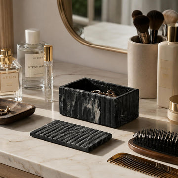 Decorative Marble Ridged Box Decor - Modern Storage Box with Lid for Jewelry, Keepsake, and Shelf Accent - Home