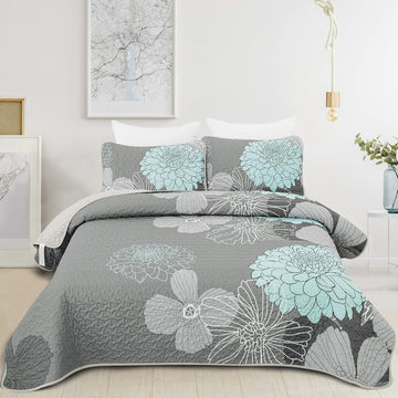 Green Floral Queen Quilt Set - 3 Pieces Boho Flower Quilt Coverlet Elegant Bohemian Bedspread with 2 Pillowcases Soft