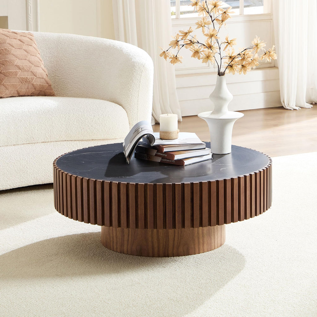 35.43" Round Coffee Table, Wood Fluted Center Table with Sintered Stone Tabletop, Accent Tea Table, Small Space