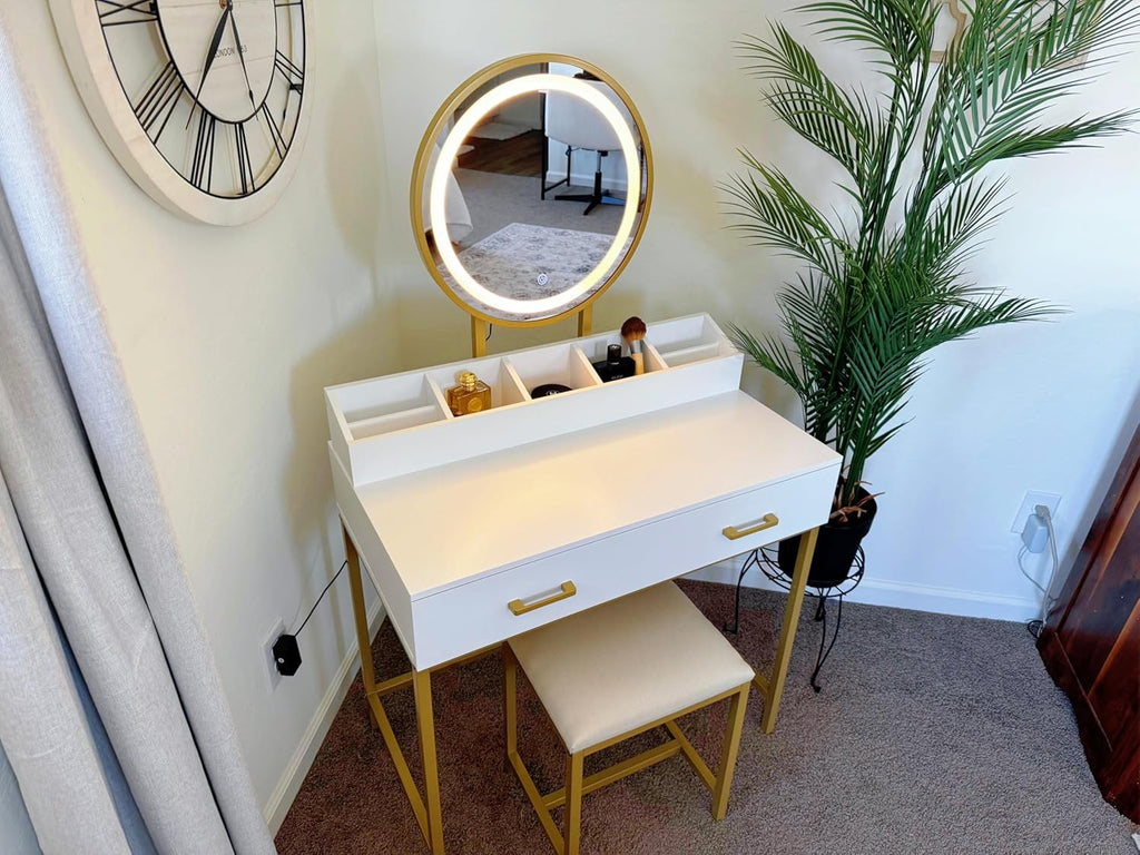 Makeup Vanity Desk with Mirror and Lights, Makeup Vanity Set with Drawers, Small Dressing Up Table, 3 Lighting Modes