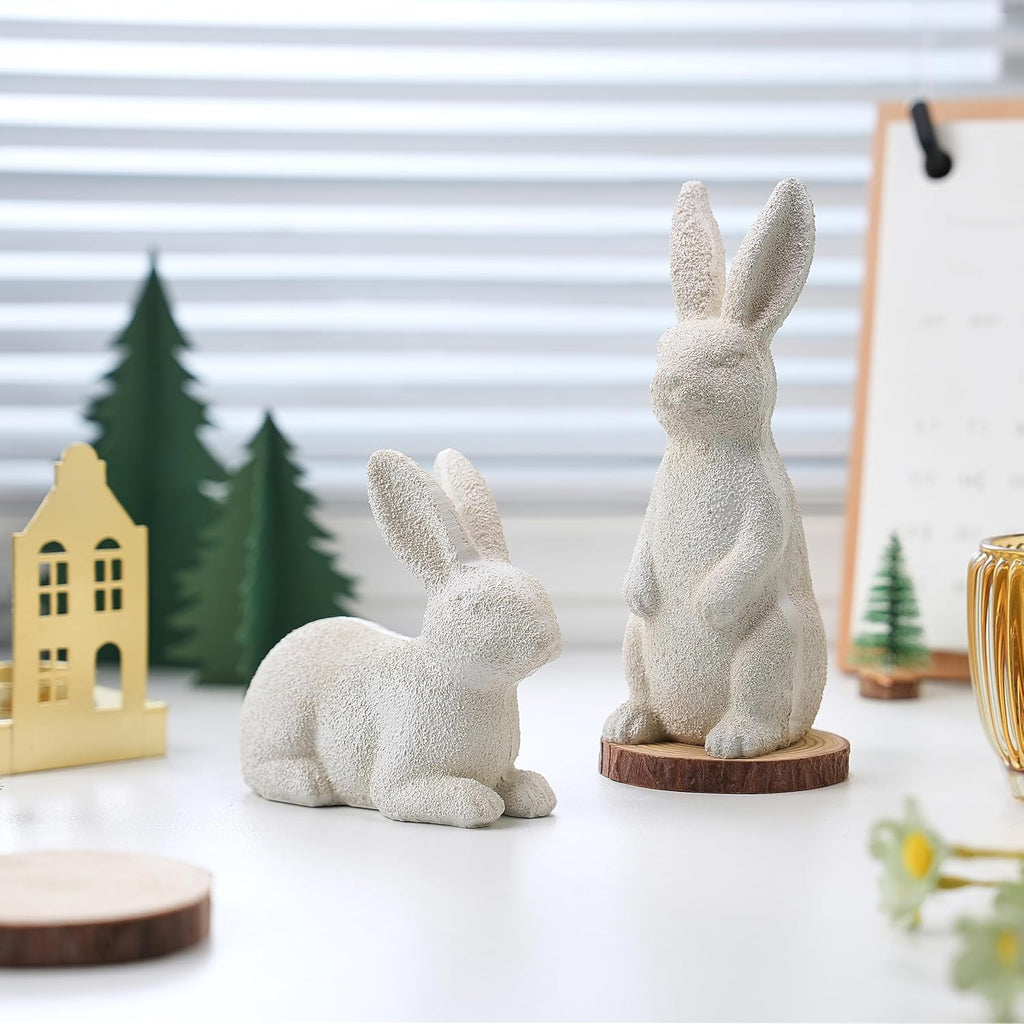 Easter Bunny Figurines, Resin Rabbit Figurines, Beige Bunny Statues for Rustic Easter Decorations - Set of 2