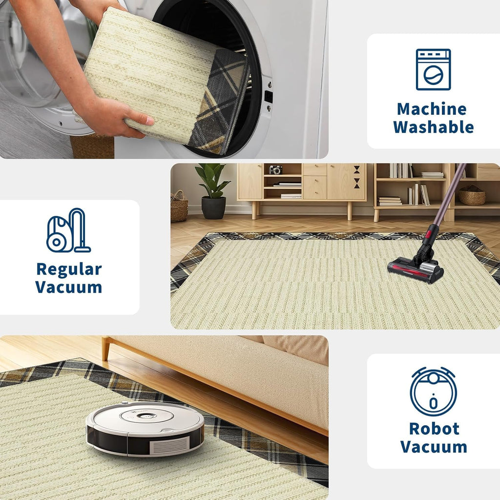 Extra-Large Machine Washable Area Rugs 10x13 Modern Plaid Bordered Living Room Rug with Anti-Skid Rubber Backing