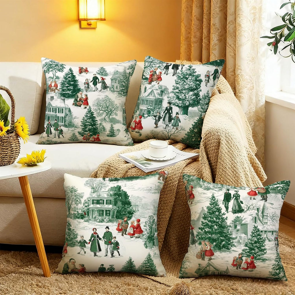 Christmas Throw Pillow Covers 18x18 Inch Pillowcases Outdoor Home Decor for Couch Bed Sofa Living Room - Set of 4