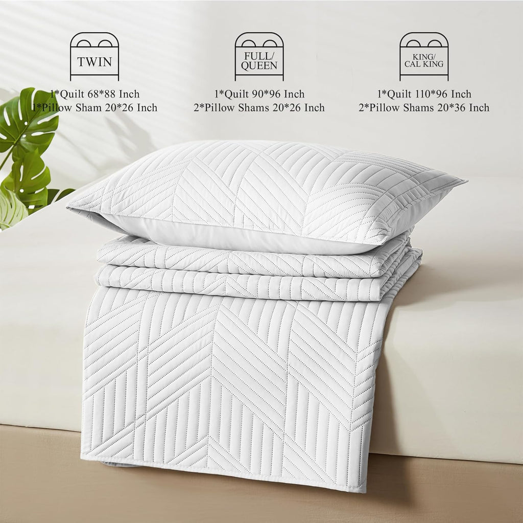 Queen Quilt Bedding Set,White Ultrasonic Full/Queen Quilt Set Reversible Microfiber Bedspread,Lightweight Soft Modern