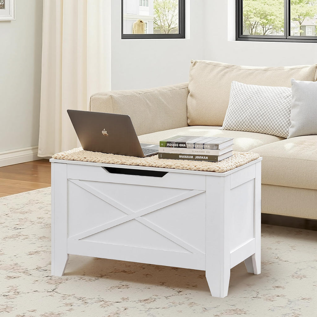30" Storage Bench, Farmhouse Entryway Shoe Ottoman, White