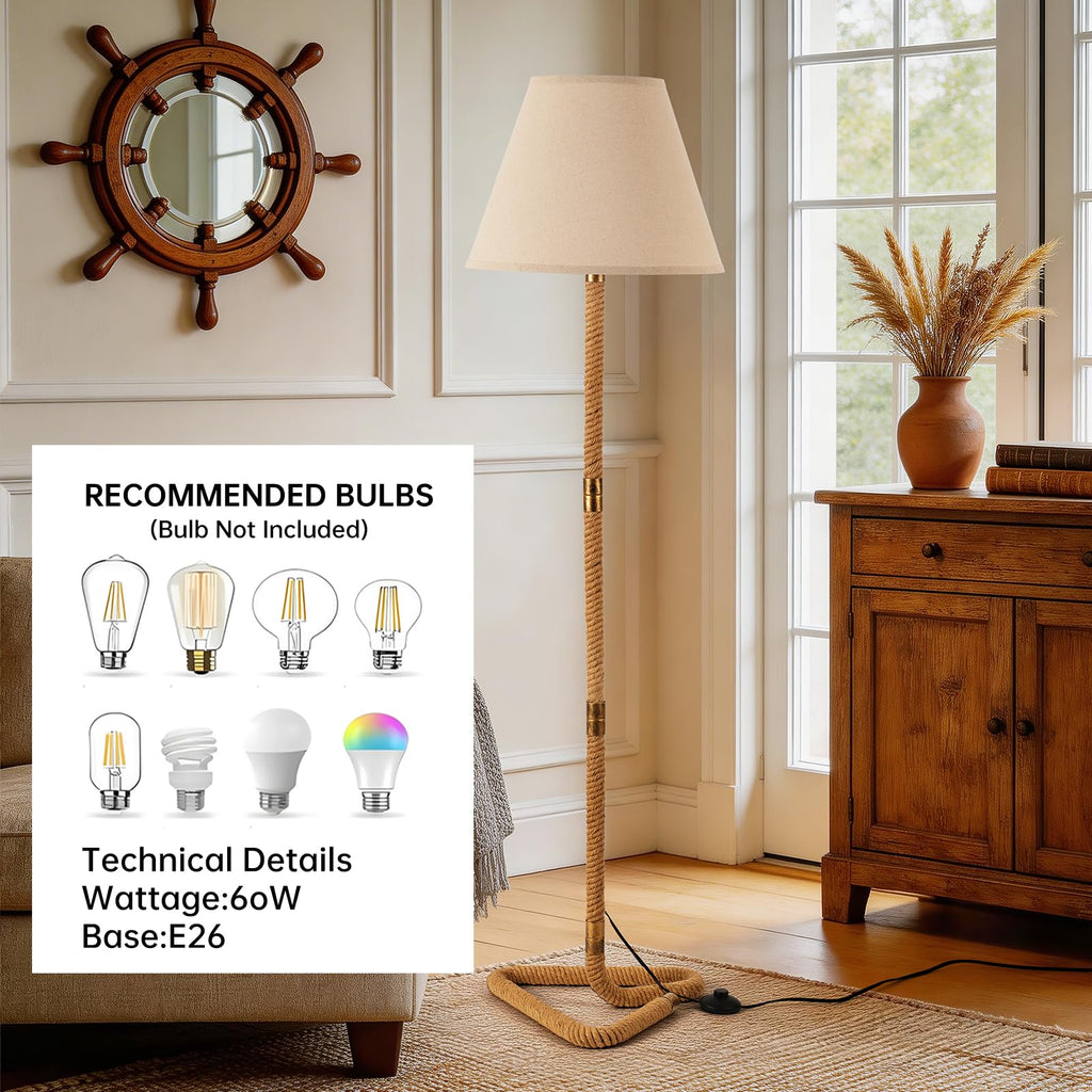 Rustic Floor Lamp, Rope Lamps with Linen Shade