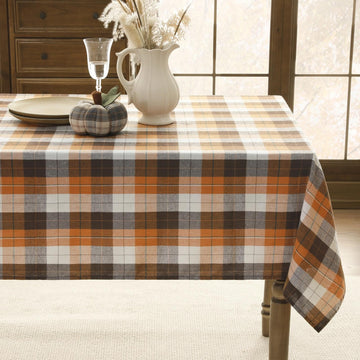 Fall Checkered Tablecloth Rectangle, 60 x 84 Inch, Brown