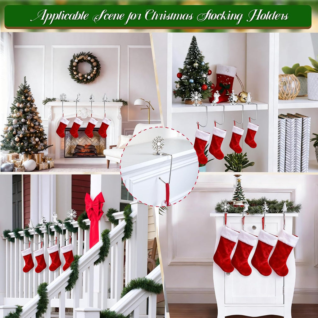 Christmas Stocking Holders for Mantel Set of 4, Non-Slip Adjustable Mantle Stocking Holders, Snowflake Snowman