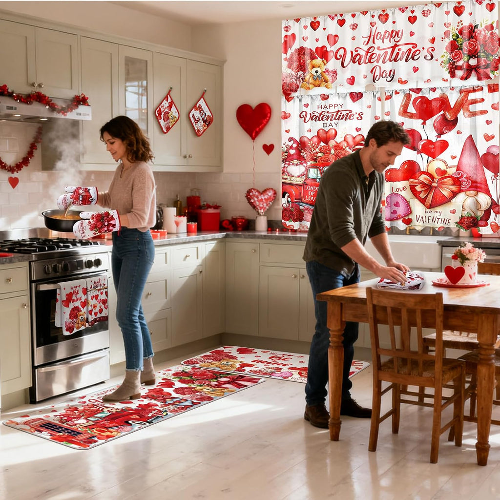Valentine's Day Kitchen Sets with Kitchen Towels Non Slip Mats Curtains Valance Pot Holders Oven Mitts Red - Set of 13
