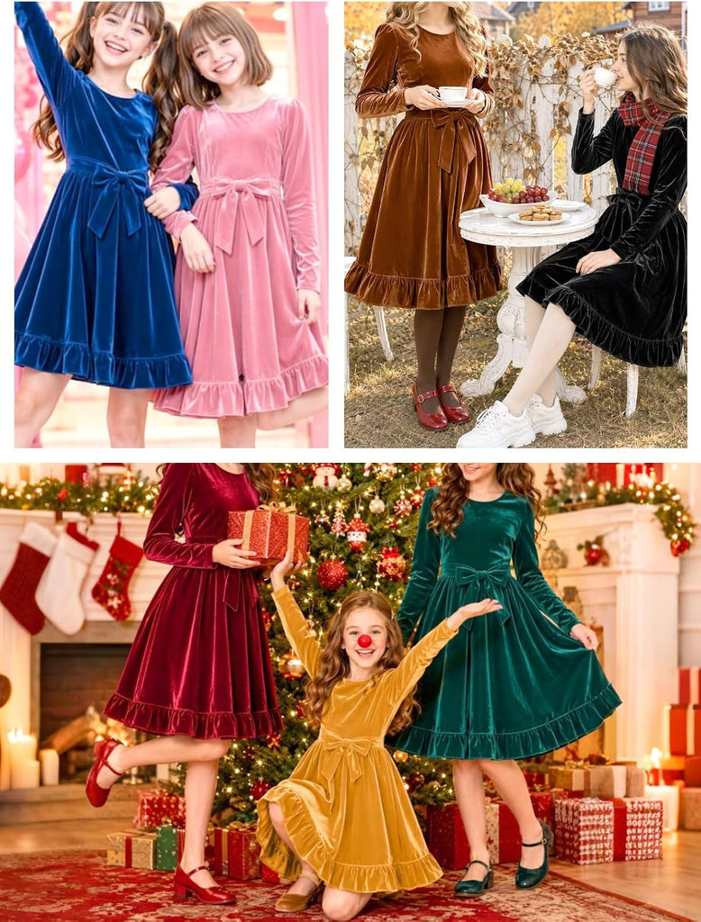 Christmas Velvet Dress Long Sleeve Bow Belt Crewneck Fall Winter Princess Wedding Flower Girl Outfit