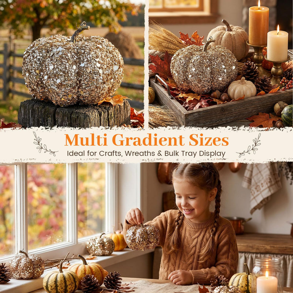 Artificial Glitter Pumpkin, Gold Pumpkin Harvest Table Centerpiece