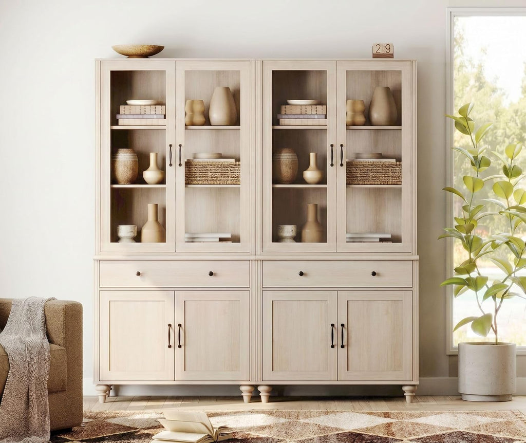 Set of 2 Light Oak Bookcase with Glass Doors & Drawers & Cabinets, 3 Tier Bookshelf, 72'' Tall Book Case Shelf, Large